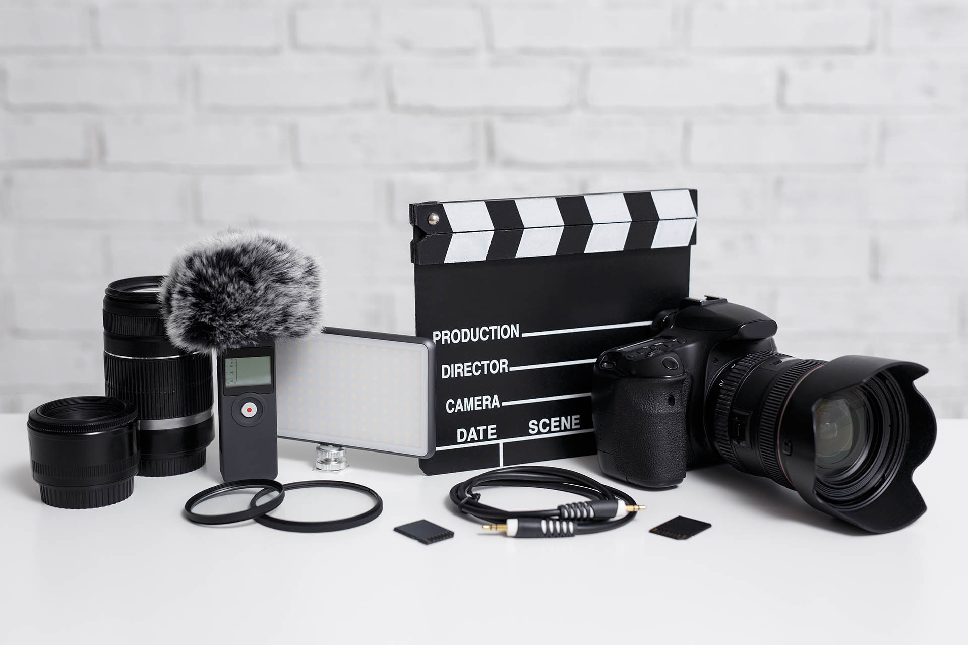 Videography,Concept, ,Modern,Dslr,Camera,,Lenses,,Microphone,,Led,Light,